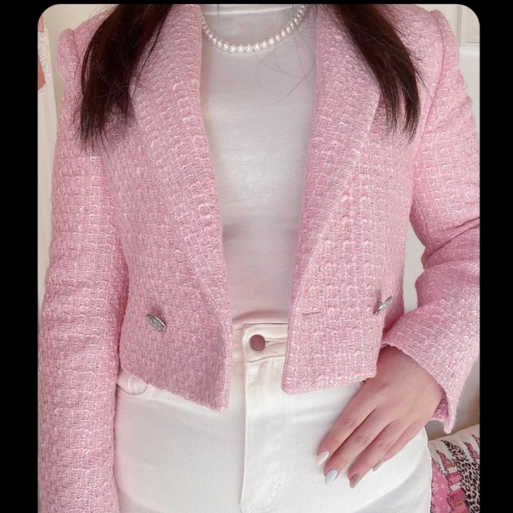 Zara cropped tweed textured blazer pink Size M - Picture 4 of 16